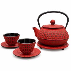 Set Tetera de Hierro 600ml, vasos y salvamanteles Rojo